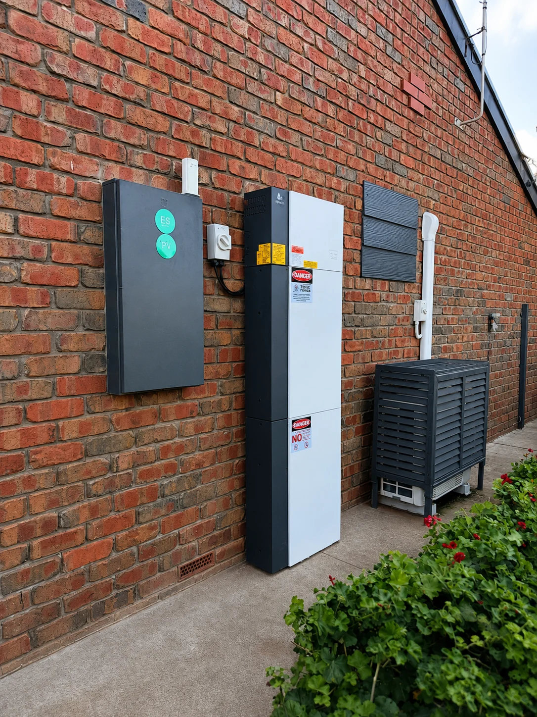 Solar and battery equipment installed neatly on a brick exterior wall