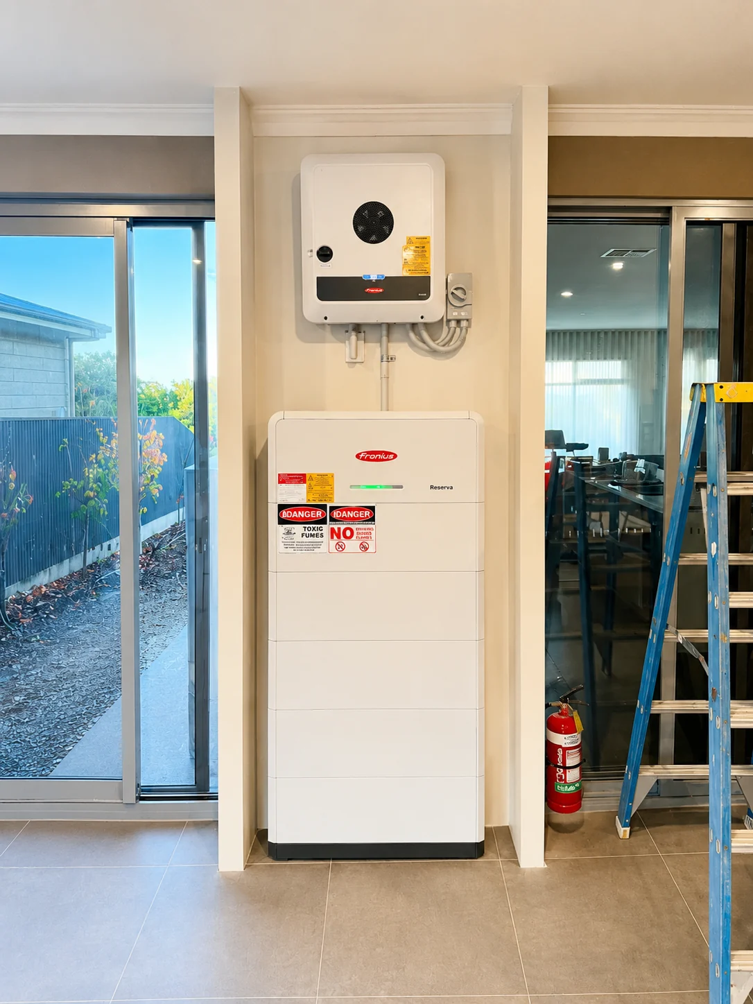 Indoor home battery and energy control equipment installed against a wall