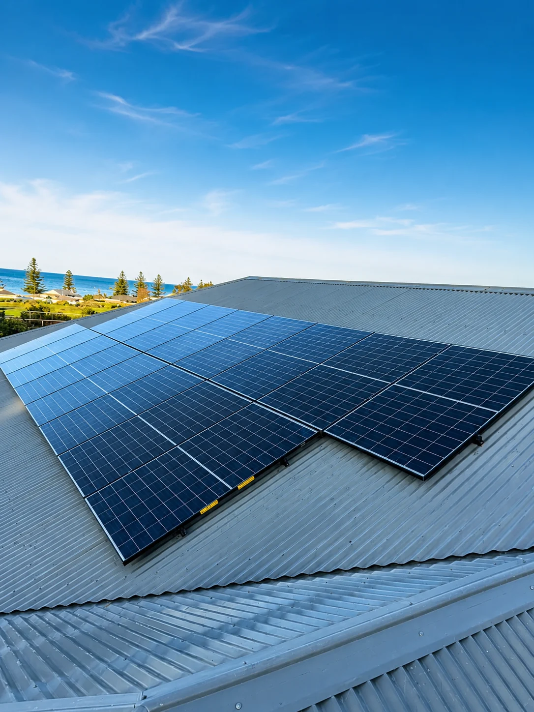 Solar panel array on a corrugated metal roof with a coastal landscape beyond